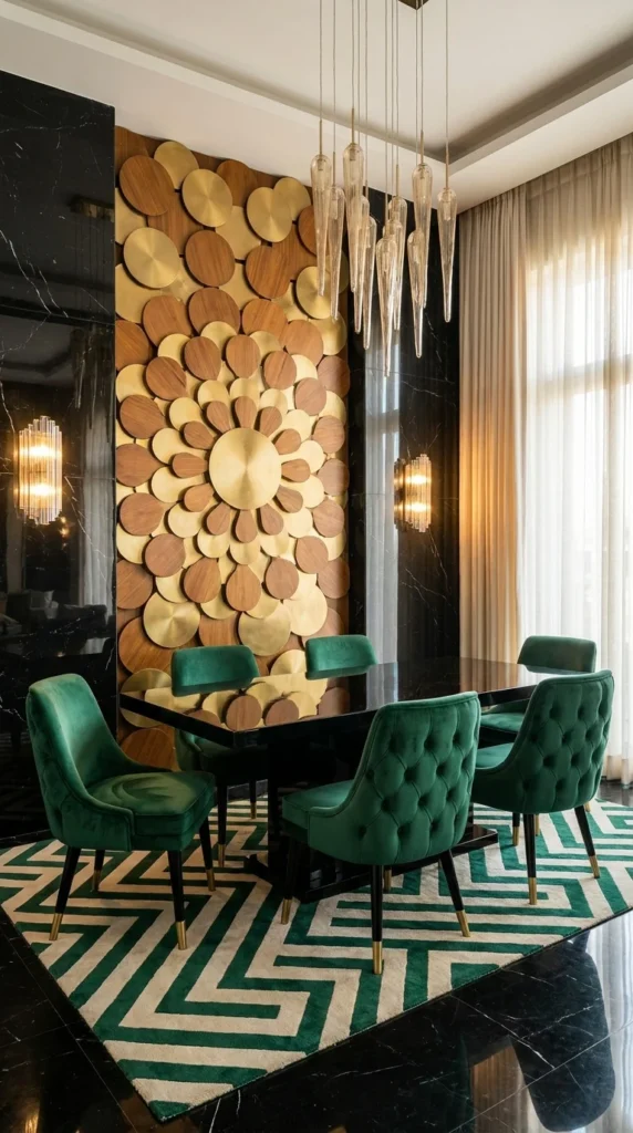 Black marble dining room with emerald velvet chairs and a brass sunburst wall