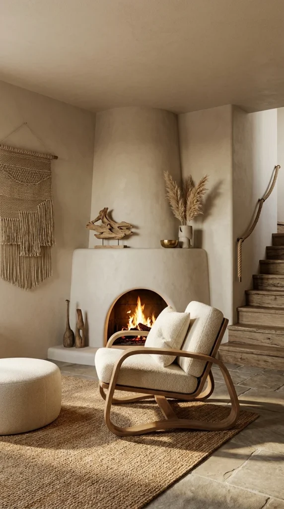 Curved boucle lounge chair beside a rounded plaster fireplace with macrame wall hanging