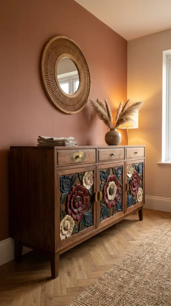 Dark wood sideboard with hand-carved floral panel doors against a terracotta wall