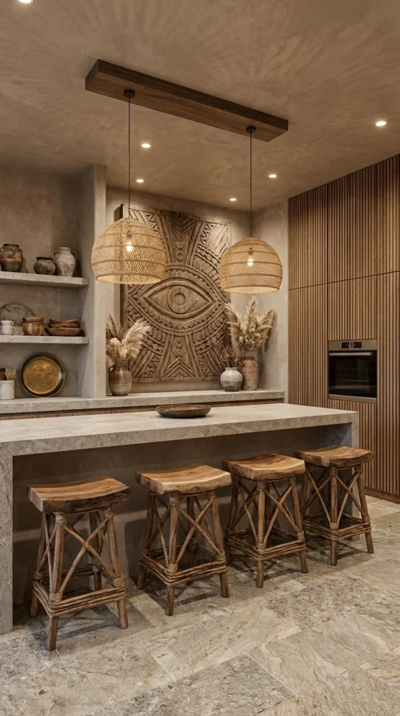 A carved wooden eye-motif panel anchors a stone kitchen island with woven pendants
