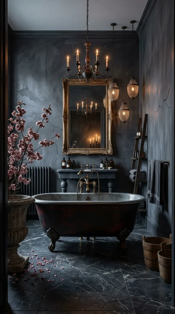 Charcoal bathroom with cracked marble floor, gilt mirror, and cherry blossoms