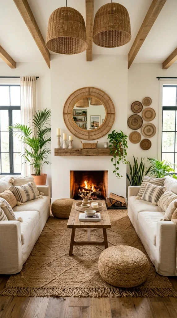 Symmetrical boho living room with rattan pendants and matching linen sofas
