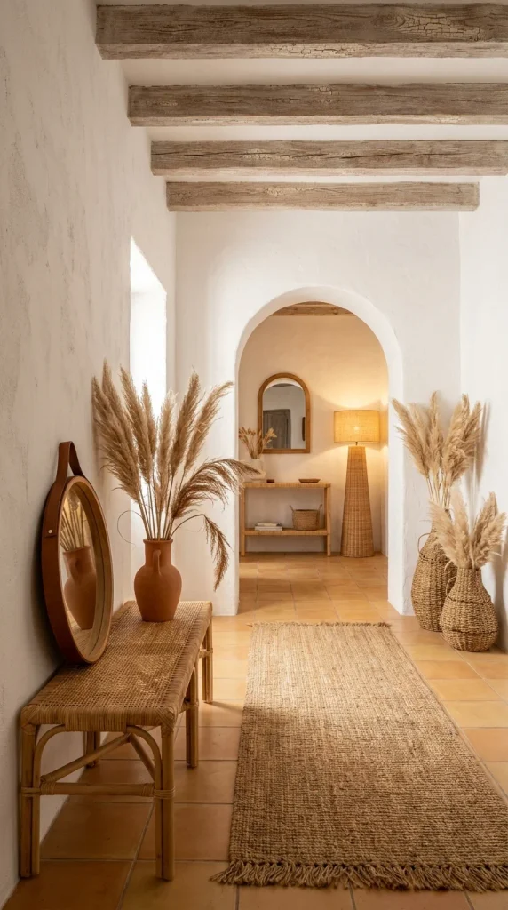 Moody dark plaster entryway nook with rattan pendant light and tribal wall textile