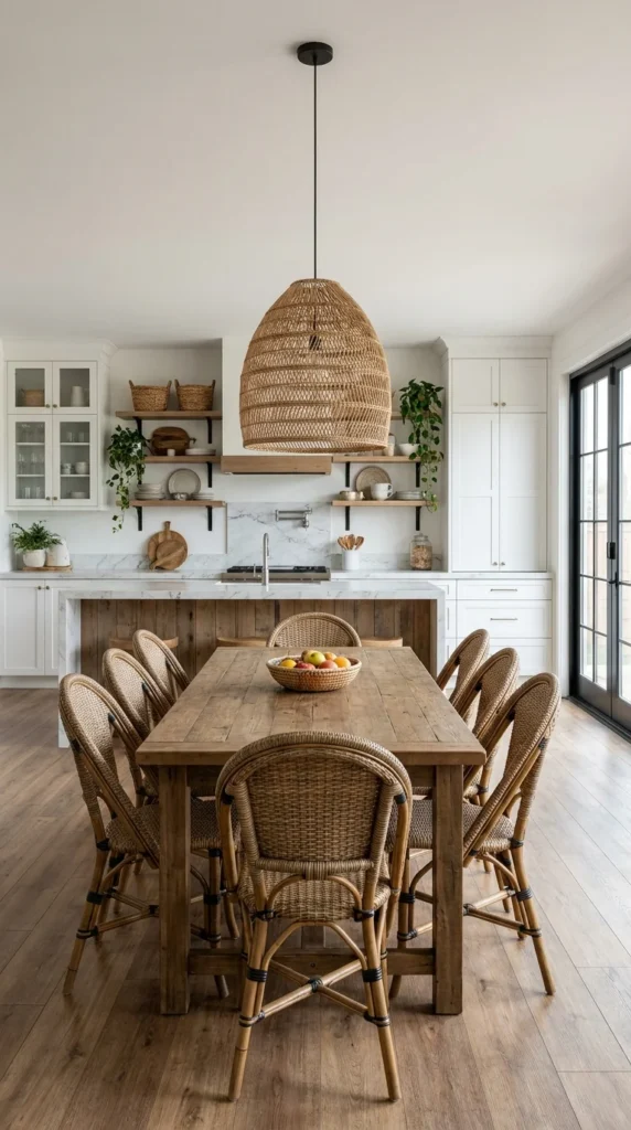A white farmhouse kitchen with an oversized woven pendant light above a long reclaimed wood dining table