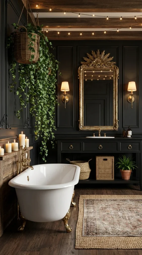 Black paneled bathroom with hanging ivy, string lights, and brass clawfoot tub