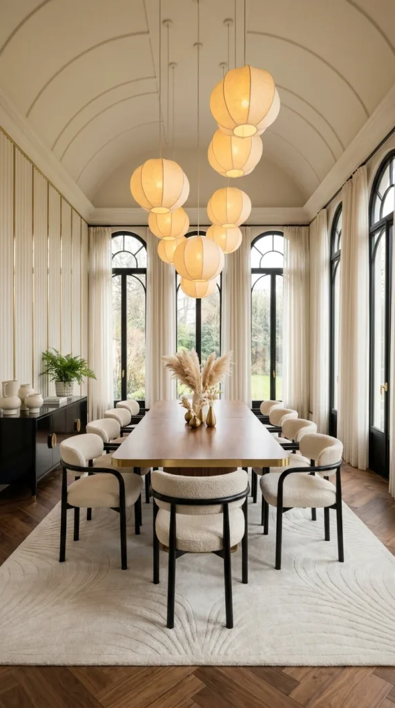 Ivory dining room with vaulted ceiling and cluster of paper lantern pendants
