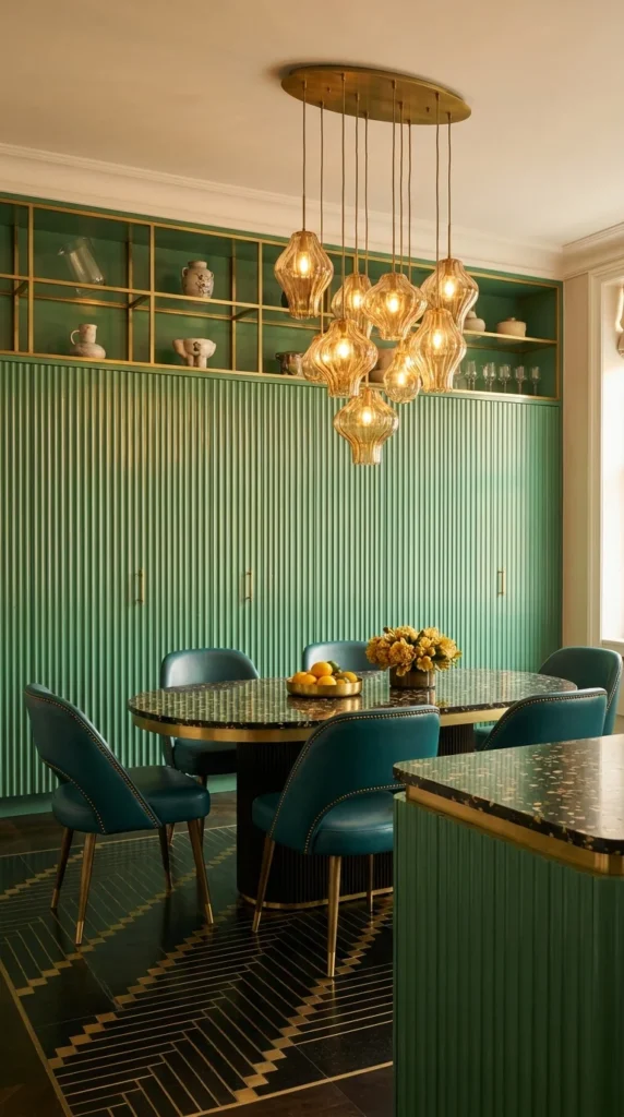Green fluted cabinetry wall with terrazzo dining table and teal leather chairs