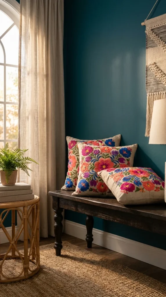 Embroidered floral throw pillows on a dark wood bench against a teal wall