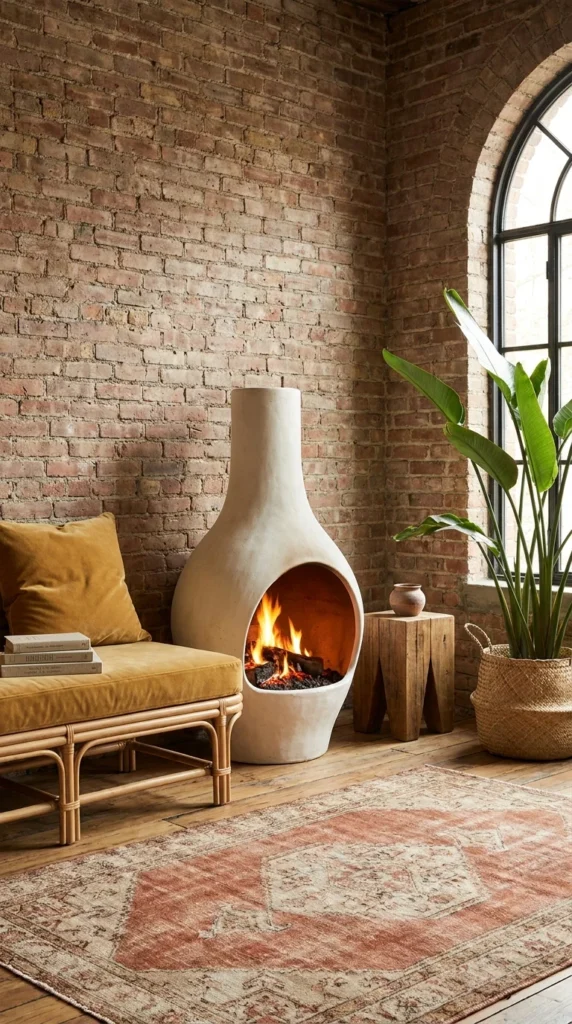 Freestanding sculptural stucco chiminea fireplace glowing against an exposed brick loft wall