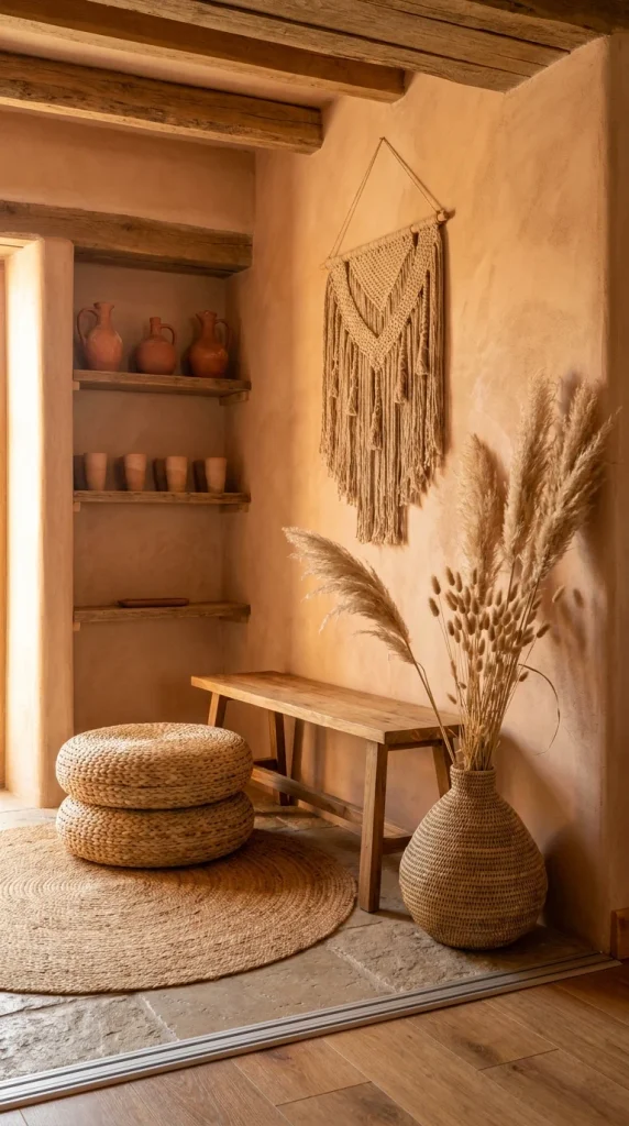 Terracotta plaster entryway alcove with open shelving, ceramic jugs, and jute poufs