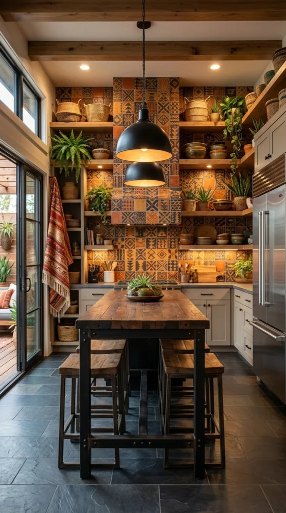 A dark kitchen with a colorful patchwork tile wall, black dome pendants, and a reclaimed wood tableA dark kitchen with a colorful patchwork tile wall, black dome pendants, and a reclaimed wood table