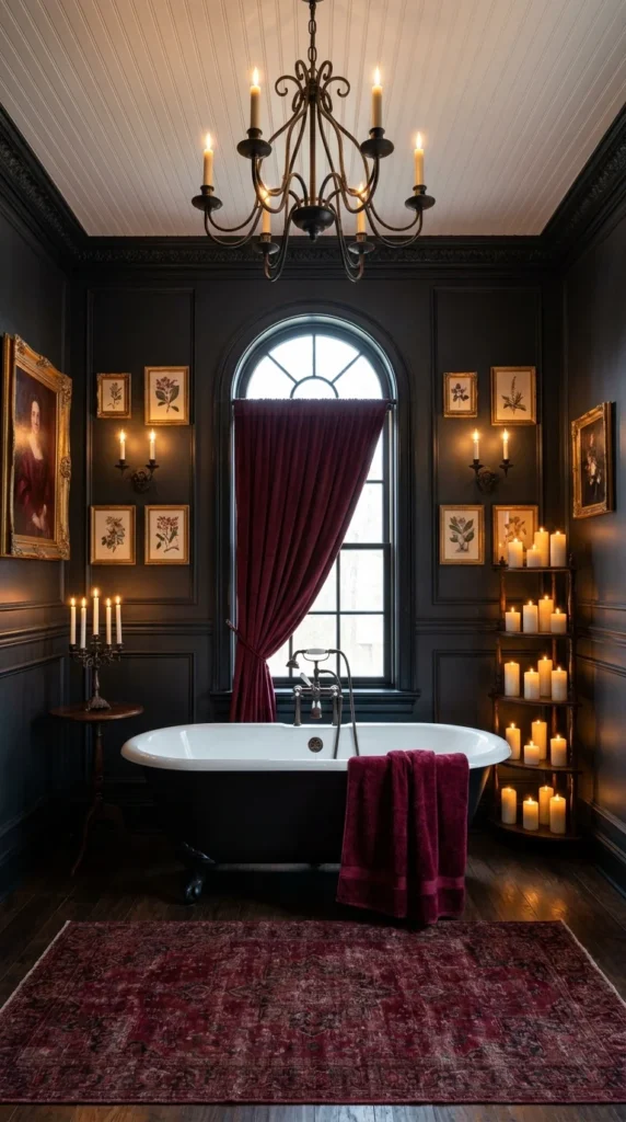 Black paneled bathroom with arched window, gallery wall, and clawfoot tub