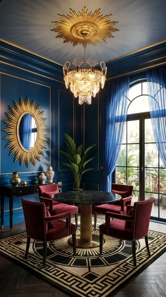 Navy blue dining corner with gold trim, sunburst mirror, and crystal chandelier