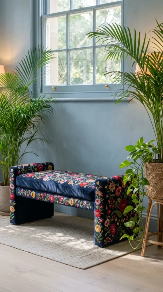 Navy velvet bench fully upholstered in floral embroidery beside potted palms