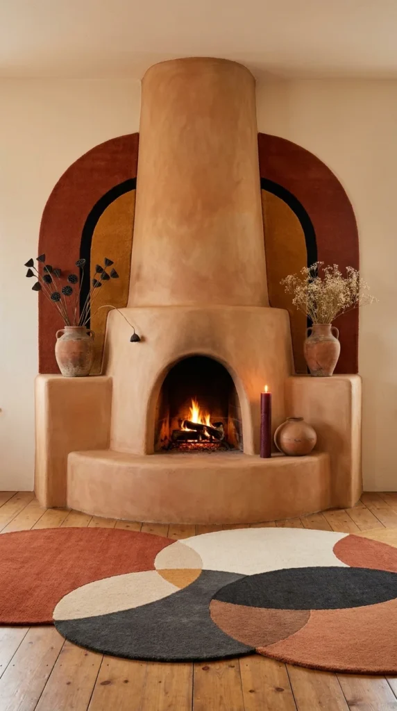 Freestanding sculptural stucco chiminea fireplace glowing against an exposed brick loft wall