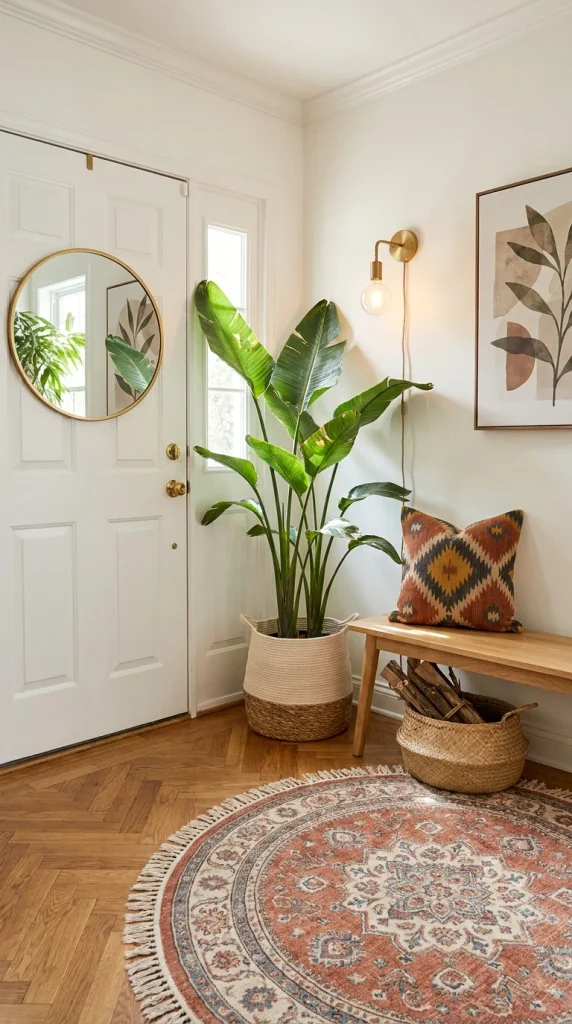 Entryway bench with rust ikat cushions and brass wall hooks under a staircase
