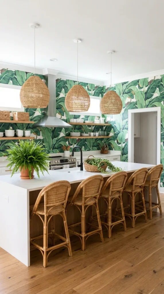 A bright white kitchen island with rattan barrel chairs set against oversized banana leaf wallpaper