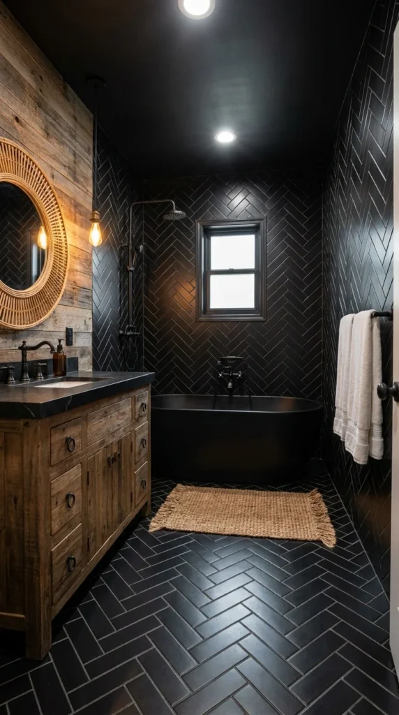 All-black herringbone tiled bathroom with reclaimed wood vanity and rattan mirror