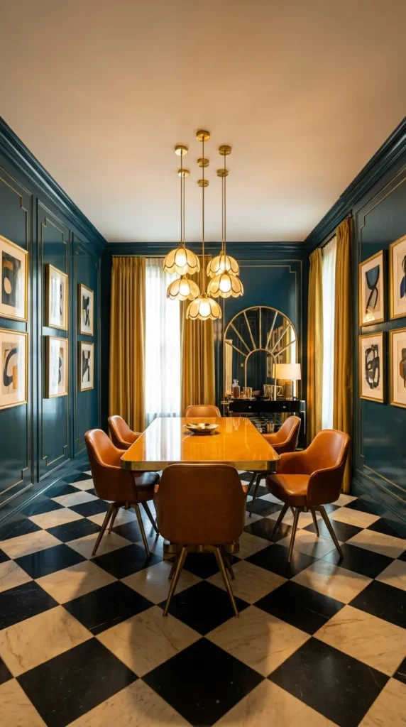 Teal dining room with black and white checkerboard marble floor and leather chairs