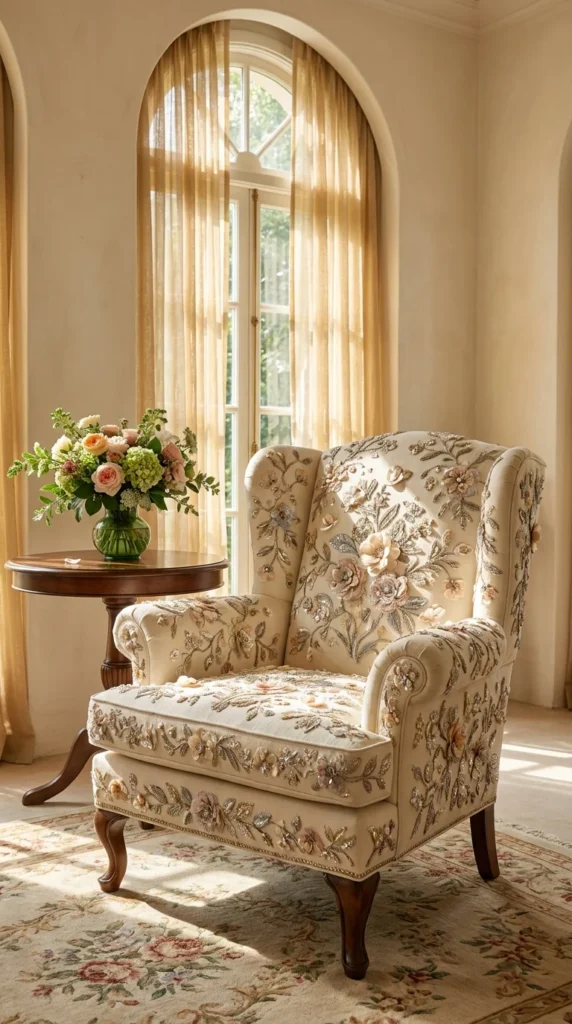Cream wingback armchair with dimensional beaded and appliquéd floral embroidery