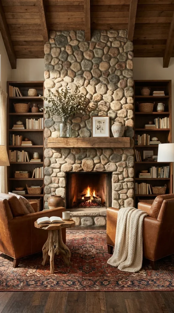 River stone fireplace flanked by built-in bookshelves and leather armchairs