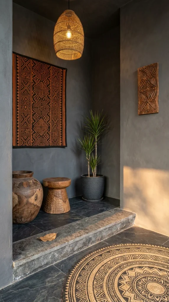Moody dark plaster entryway nook with rattan pendant light and tribal wall textile