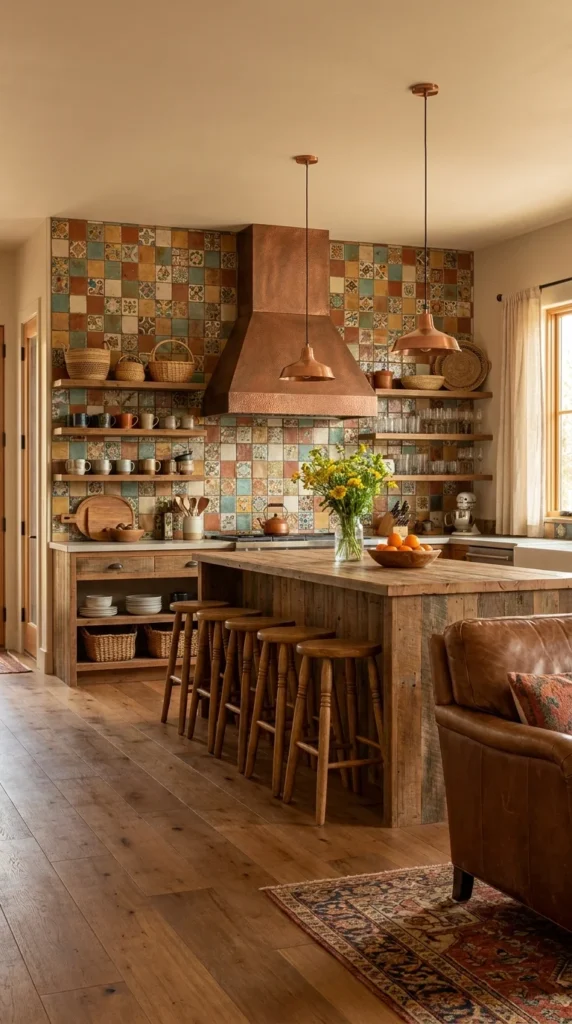 A rustic kitchen island with a copper range hood, copper pendant lights, and patchwork mosaic tile backsplash