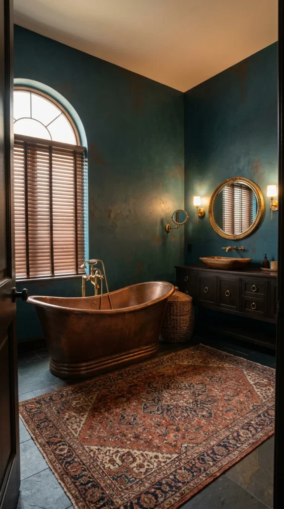Teal patina bathroom with oxidized copper soaking tub and Persian rug