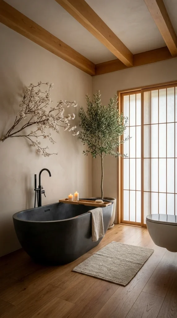 Concrete soaking tub with black freestanding faucet under exposed wood ceiling beams, flowering branch and potted olive tree, shoji-style sliding door