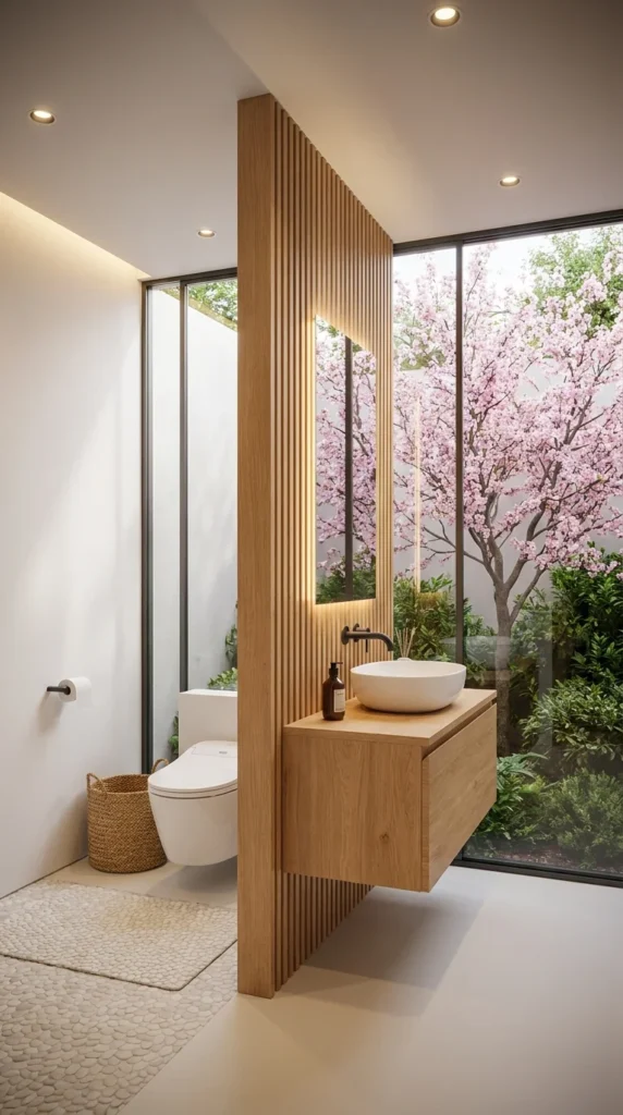 Vertical wood slat divider with built-in mirror separating toilet and vanity area, round vessel sink, floor-to-ceiling window with blossoming tree view