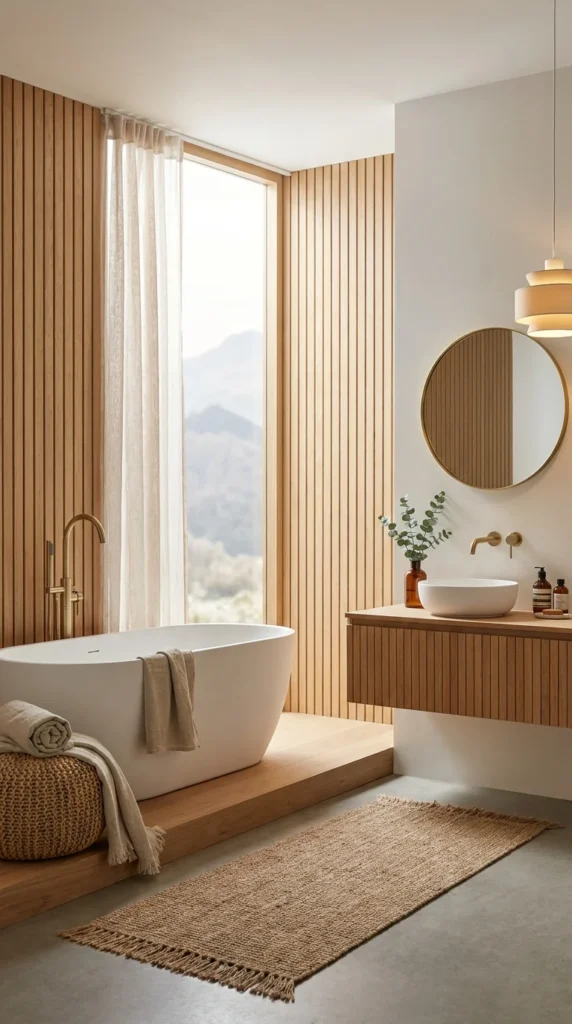 : Freestanding tub on raised wood platform facing floor-to-ceiling window with mountain view, wood slat wall, half-wood round mirror, brass fixtures