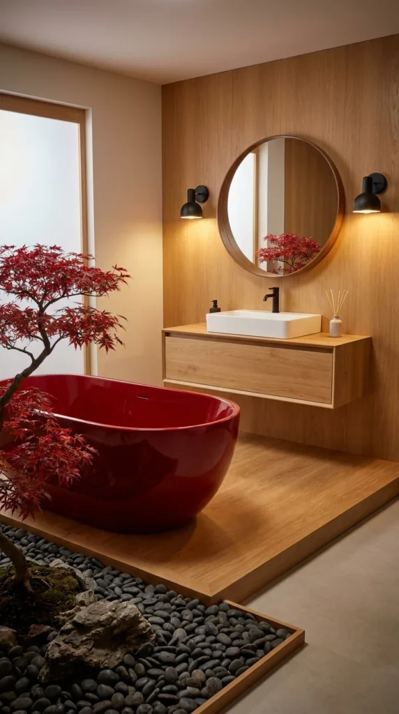 Glossy red lacquered bathtub against warm wood paneling, round wood-framed mirror, black wall sconces, rock garden with red maple tree