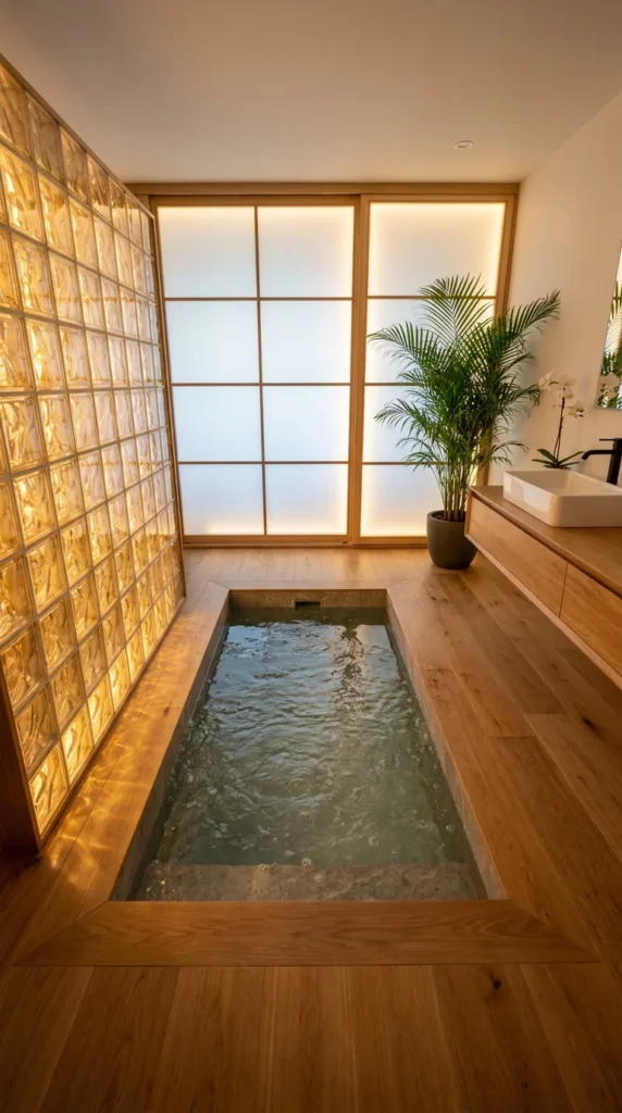 Sunken stone-edged soaking pool set into wood flooring, glowing amber glass-block wall, shoji window panel, potted palm