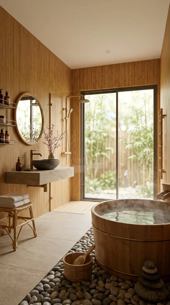 Round wooden ofuro soaking tub with visible steam, stone wall-mounted sink, rattan stool, pebble floor, bamboo garden view through sliding glass door