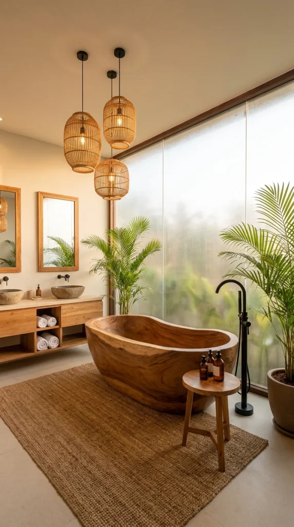 Hand-carved freeform wood bathtub under woven rattan pendant lights, twin stone vessel sinks, open wood shelving, jute rug