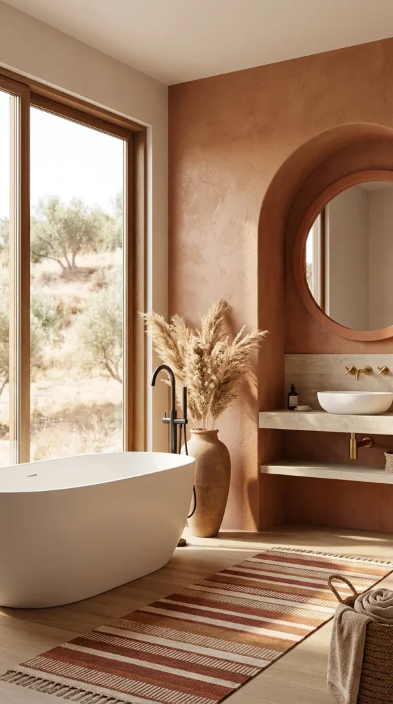 Matte white oval tub beneath terracotta plaster wall, arched mirror niche, dried pampas grass in ceramic vase, olive grove view