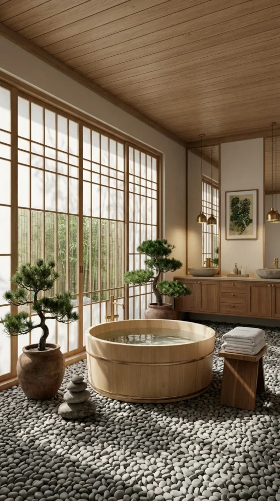 Round wooden ofuro tub on pebble floor surrounded by bonsai trees, floor-to-ceiling shoji windows, wood plank ceiling