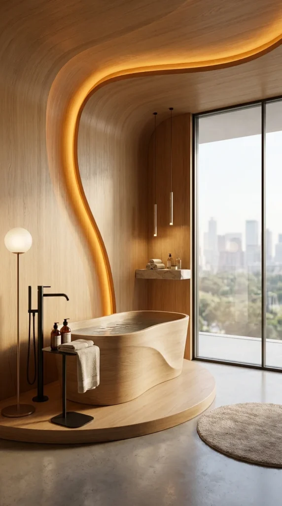 Sculptural curved wood bathtub beneath a glowing wood ceiling channel, floor-to-ceiling window with city skyline view, round area rug
