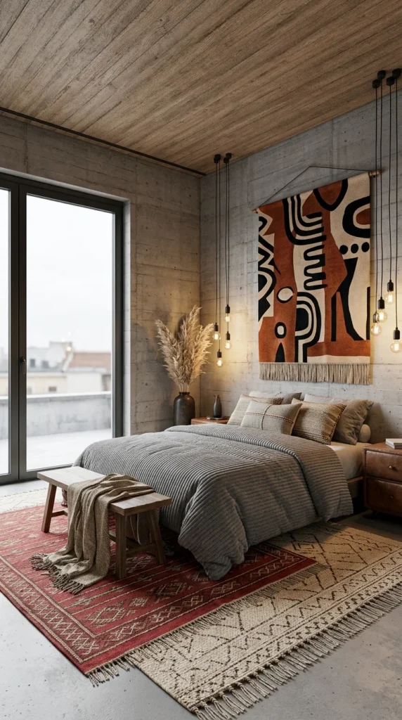 Bedroom with concrete walls and wood-plank ceiling, layered red and cream patterned rugs, gray ribbed bedding, and an abstract woven wall hanging above the headboard.