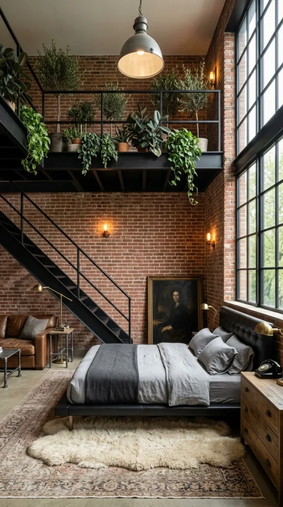 Industrial loft bedroom with exposed brick walls, black steel staircase, a mezzanine lined with potted plants, tufted black leather bed, and a vintage portrait painting.
