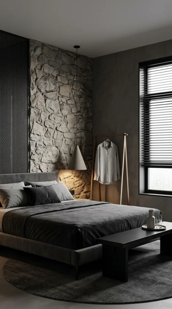 Bedroom with a rough natural stone accent wall, a cone-shaped pendant light, an open wood clothing rack with a hanging shirt, and dark charcoal bedding.