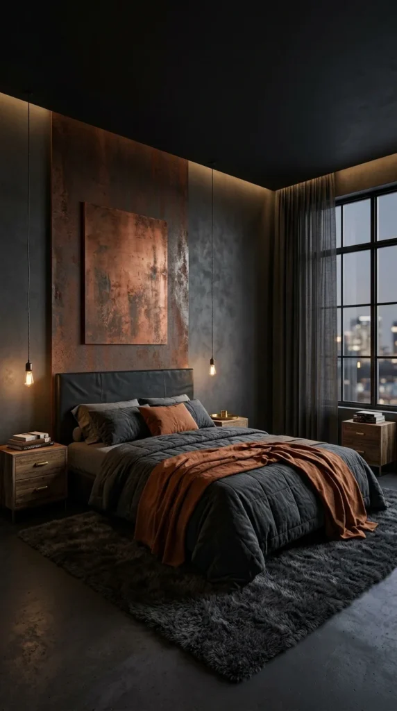 Moody all-black bedroom with a copper and rust textured wall panel behind the bed, pendant bulbs on either side, an orange throw blanket, and a faux fur rug.