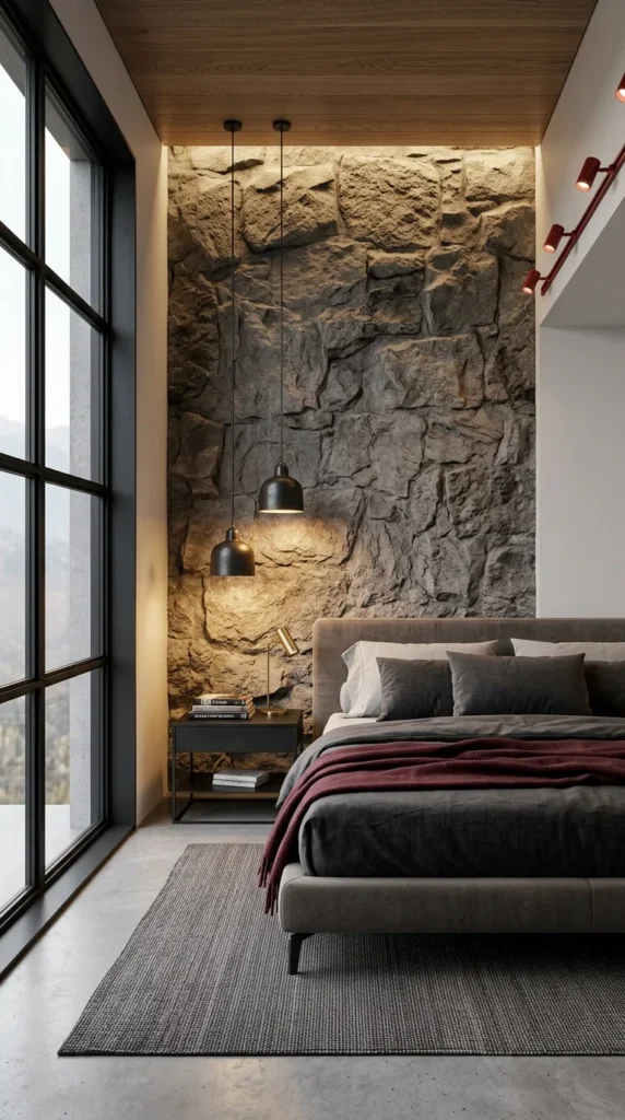 Bedroom with a rugged natural stone boulder wall, a recessed wood ceiling panel, black pendant lights, a burgundy throw blanket, and a floor-to-ceiling window with a mountain view.