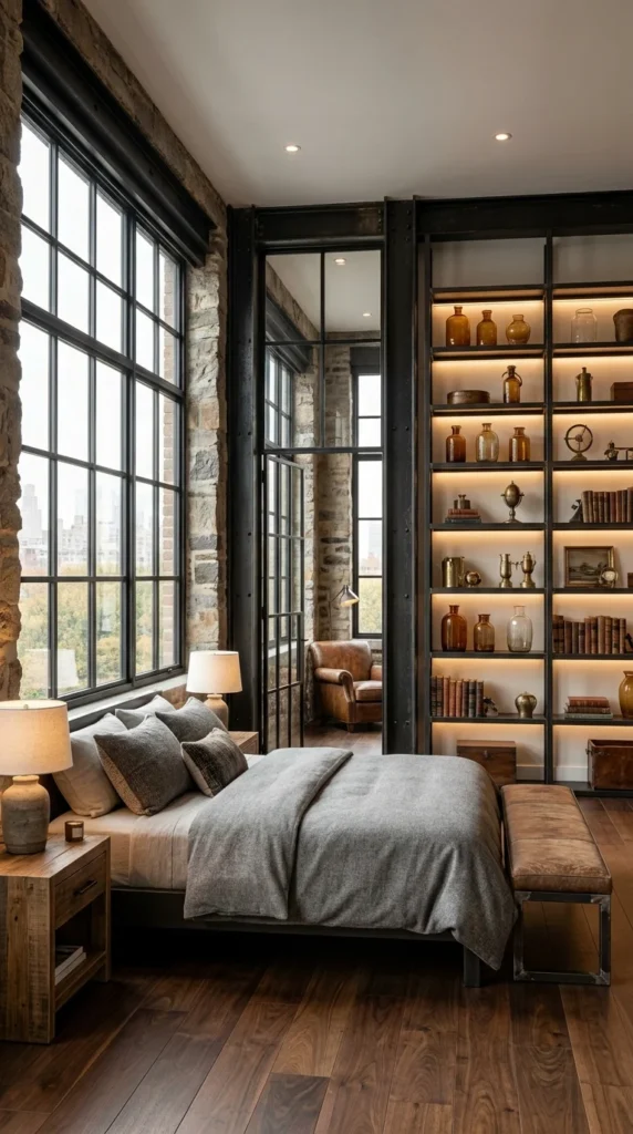 Industrial bedroom with tall steel-framed windows, a stone wall surround, a black steel shelving unit displaying backlit bottles and books, and a leather armchair in an adjoining room.