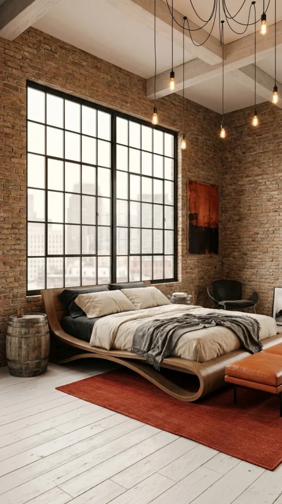 Bedroom with exposed brick walls, a sculptural curved wood bed frame, hanging string lights, whitewashed wood floors, a wine barrel side table, and an orange area rug.