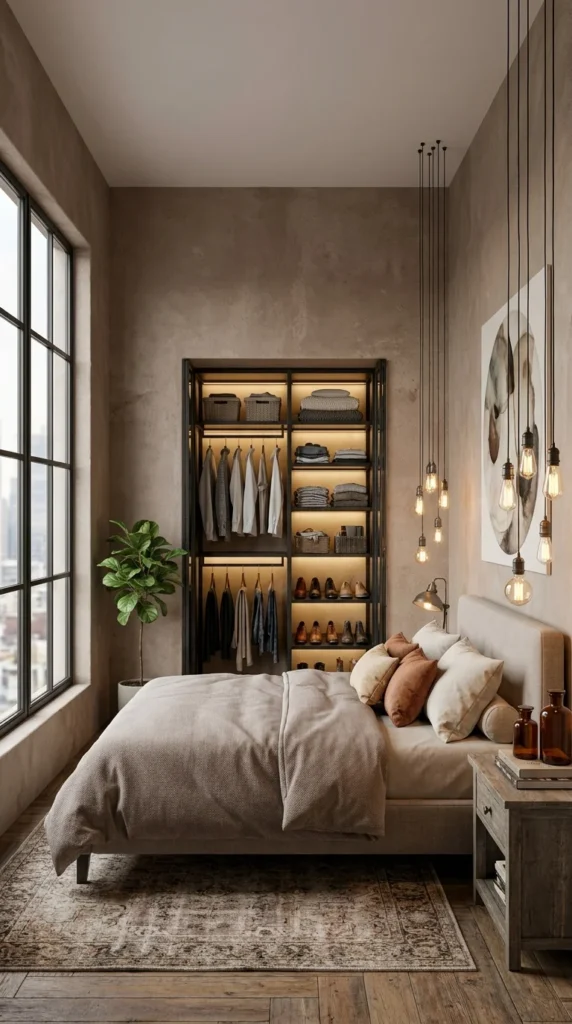 Bedroom with an open steel-framed wardrobe displaying folded clothing and shoes on backlit shelves, a cluster of hanging pendant bulbs, plaster walls, and a large potted plant.