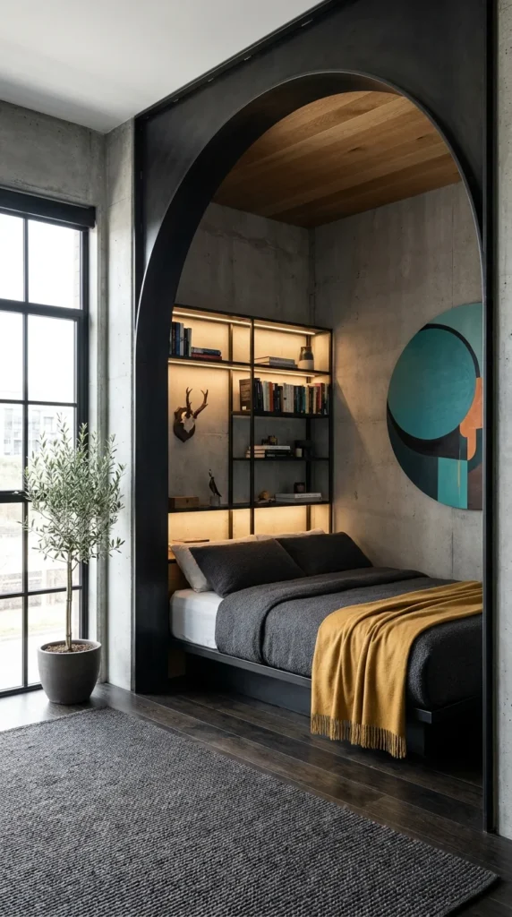 Bedroom with an arched black steel-framed alcove built into a concrete wall, recessed wood ceiling, built-in steel bookshelves with a mounted antler, a teal and orange abstract painting, and a mustard-yellow throw blanket.