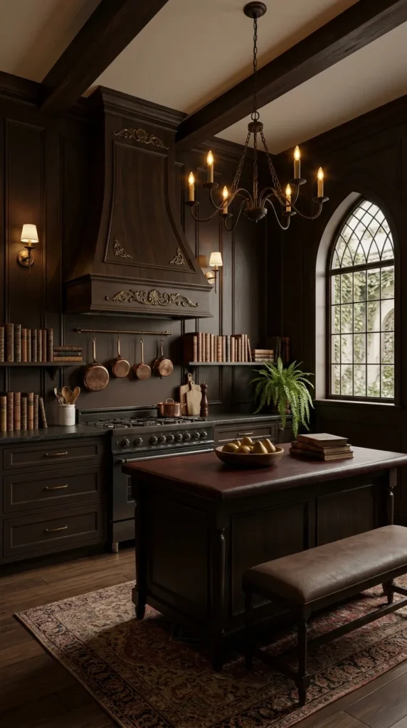 Dark wood-paneled kitchen with a carved wood range hood, copper pots hanging above the stove, built-in bookshelves, a gothic arched window, and a wrought iron candle chandelier.