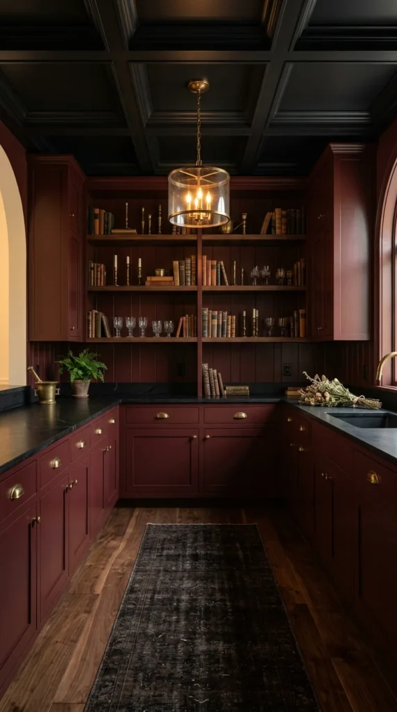  Kitchen with oxblood red cabinetry, a black coffered ceiling, a glass drum pendant light, open shelving displaying books and glassware, and black soapstone countertops.