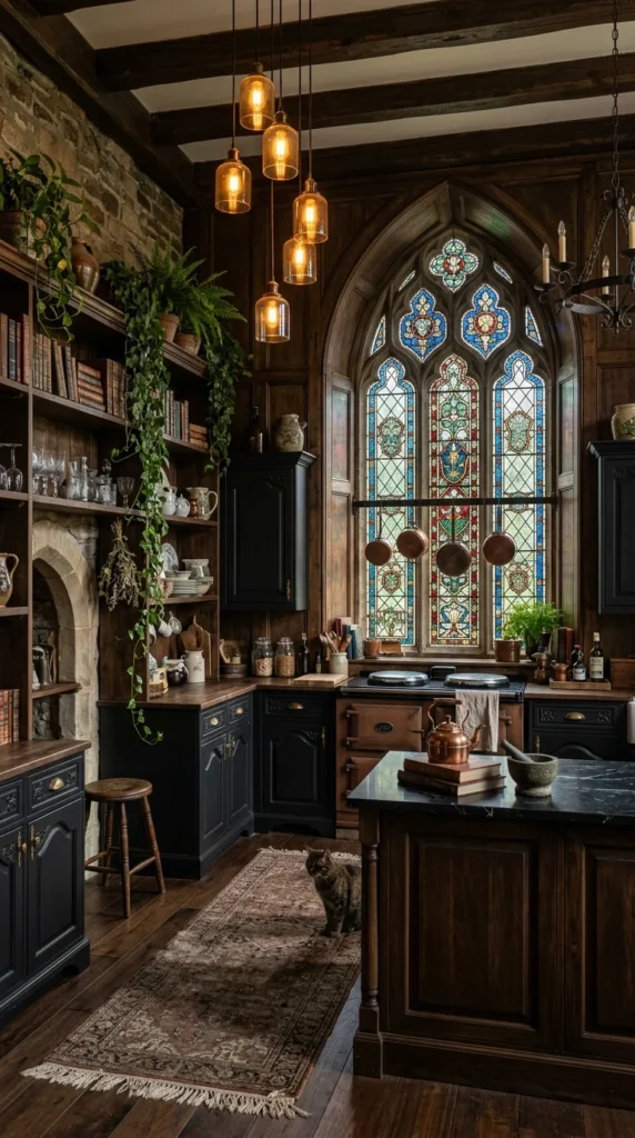  Kitchen with a stone accent wall, black cabinetry, a large stained glass arched window with copper pots in front, hanging amber glass pendant lights, and a cat sitting on a patterned rug.